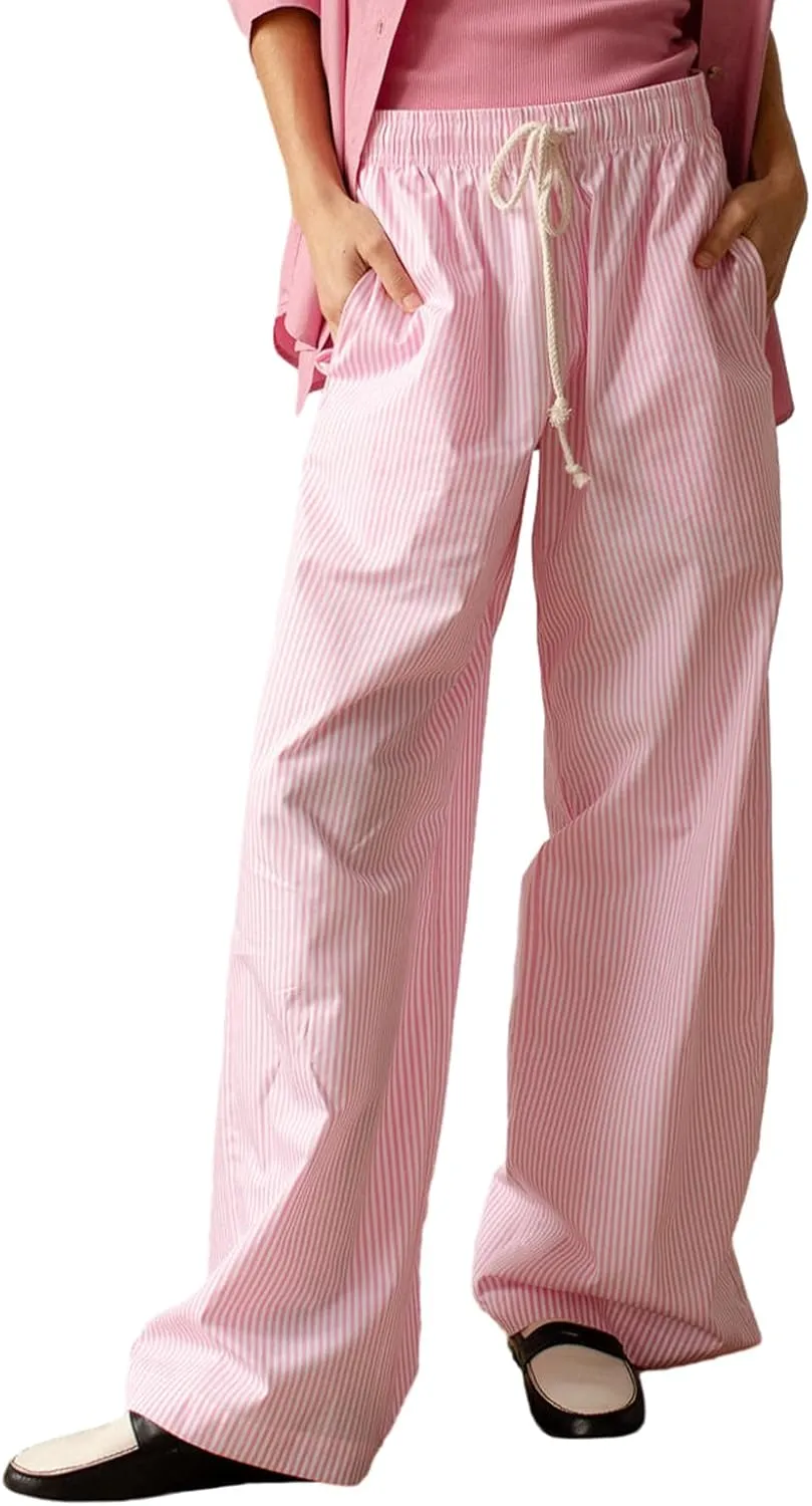 Faretumiya Striped Long Pants Women Elastic Straight Wide Leg Pants Y2k Causal Lounge Drawstring Stripe Trousers Pajama Pant