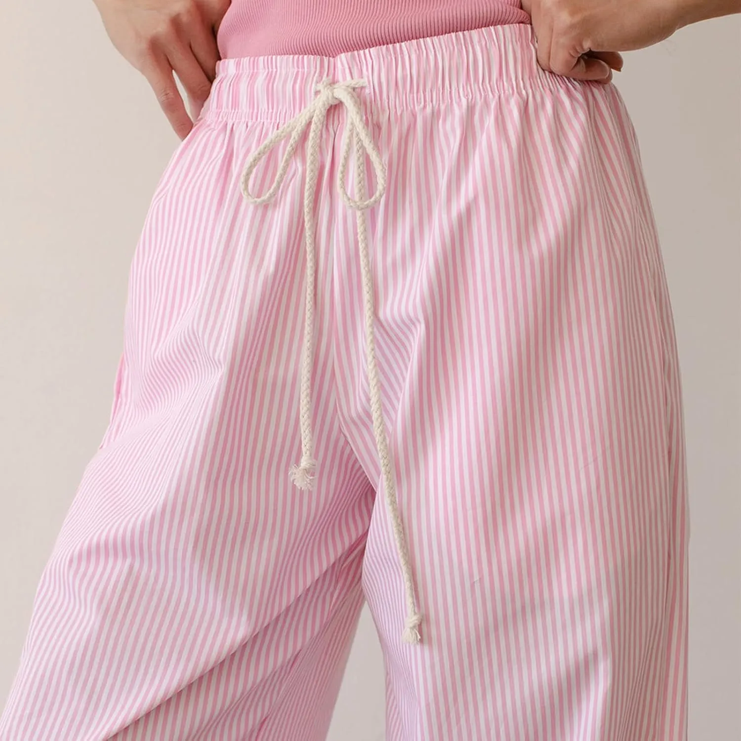 Faretumiya Striped Long Pants Women Elastic Straight Wide Leg Pants Y2k Causal Lounge Drawstring Stripe Trousers Pajama Pant