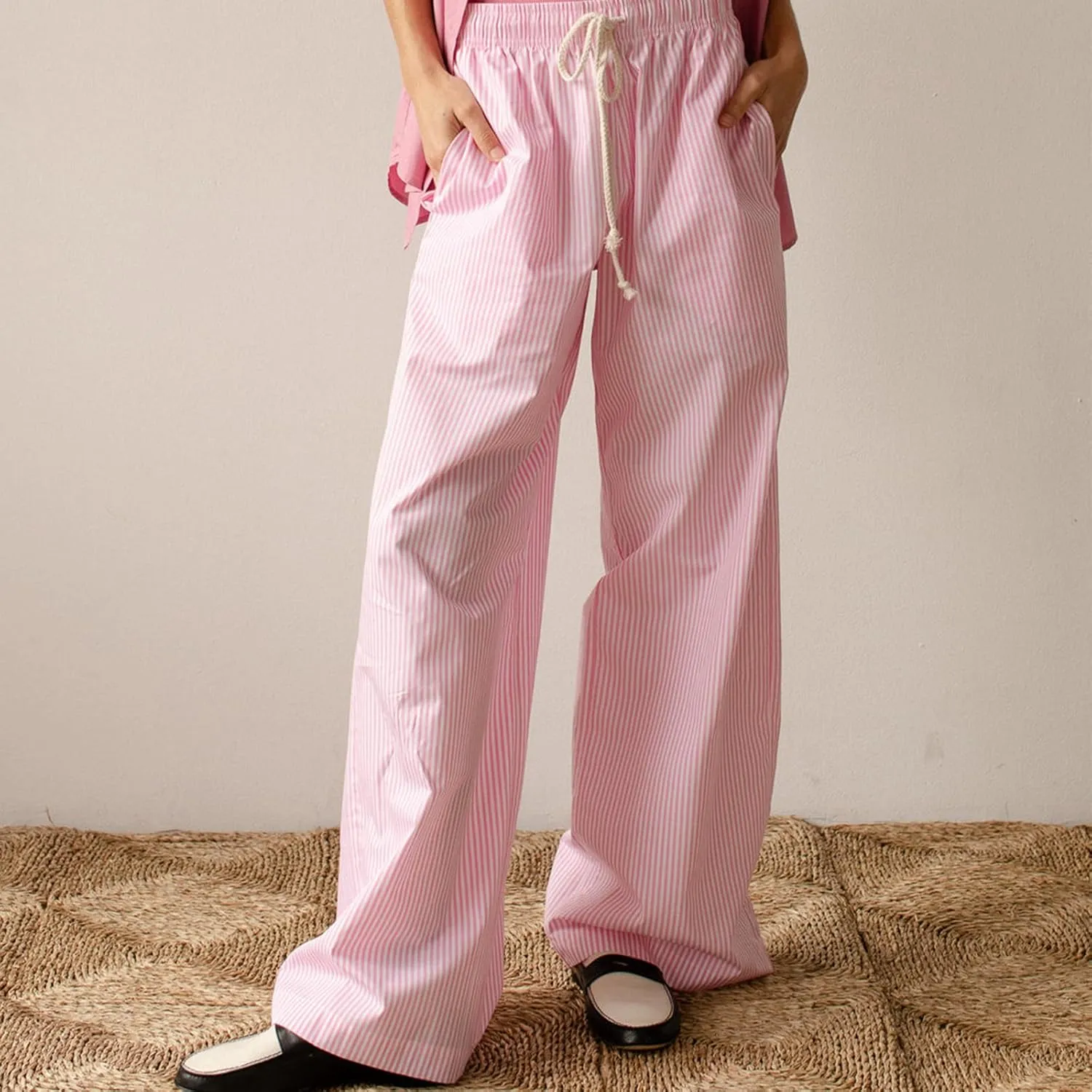 Faretumiya Striped Long Pants Women Elastic Straight Wide Leg Pants Y2k Causal Lounge Drawstring Stripe Trousers Pajama Pant