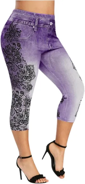 Faux Denim Leggings for Women Plus Size High Waisted Yoga Pants Capri Jeggings Short Tights Stretch Denim Jeans