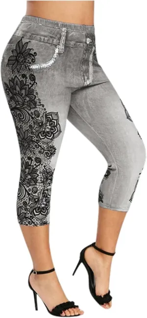 Faux Denim Leggings for Women Plus Size High Waisted Yoga Pants Capri Jeggings Short Tights Stretch Denim Jeans