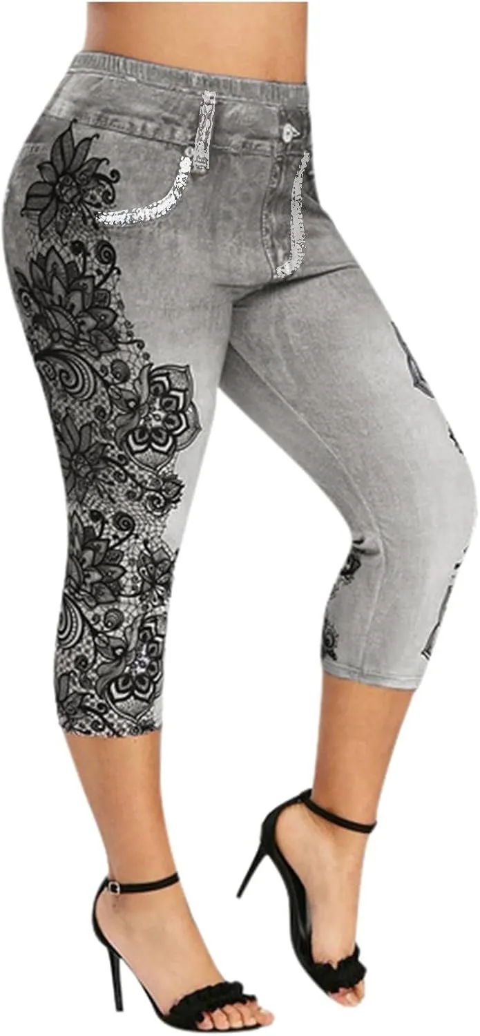 Faux Denim Leggings for Women Plus Size High Waisted Yoga Pants Capri Jeggings Short Tights Stretch Denim Jeans