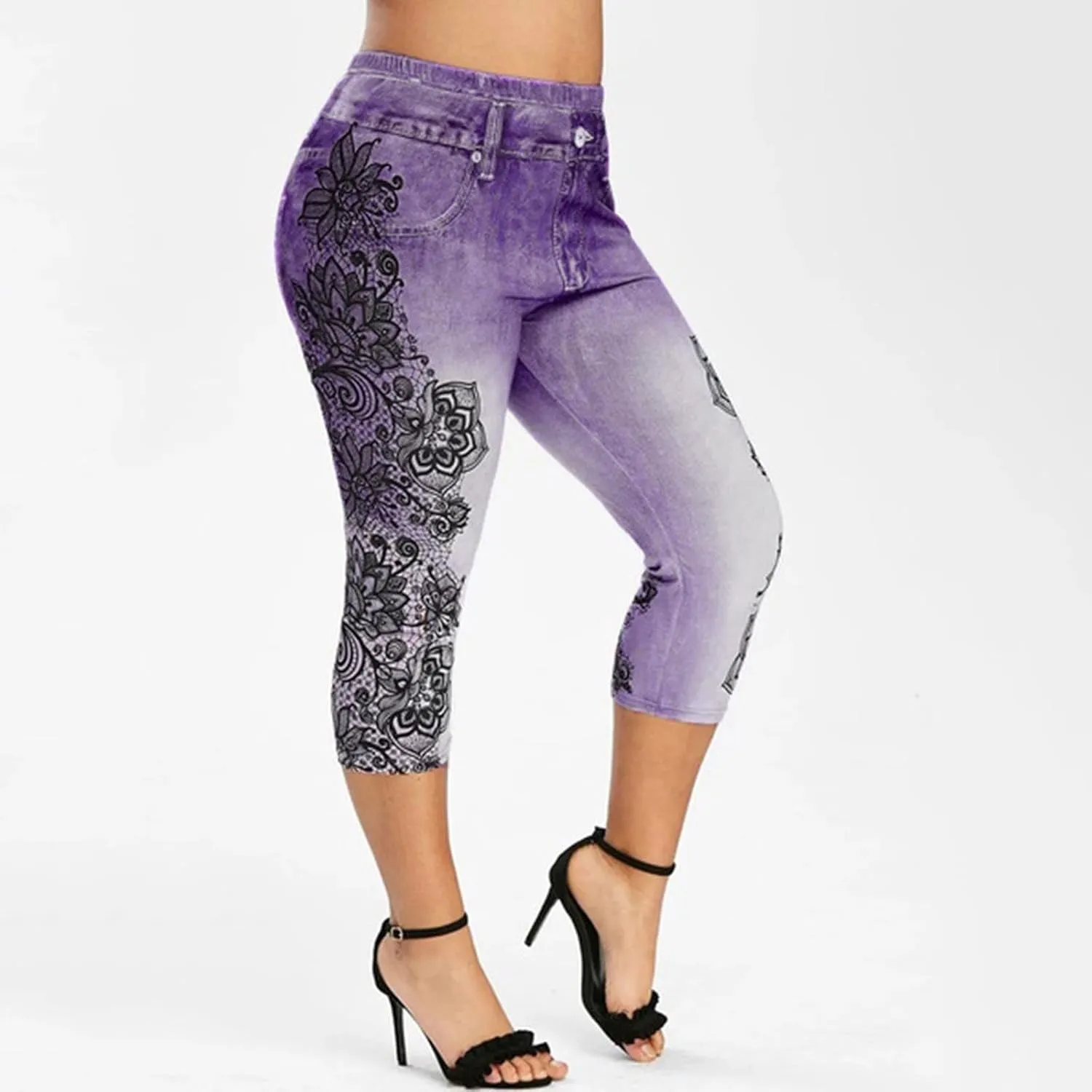 Faux Denim Leggings for Women Plus Size High Waisted Yoga Pants Capri Jeggings Short Tights Stretch Denim Jeans