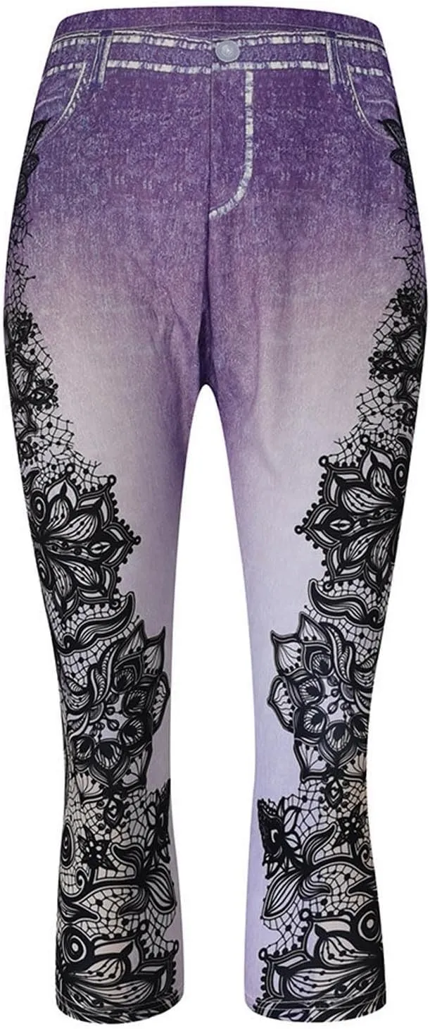Faux Denim Leggings for Women Plus Size High Waisted Yoga Pants Capri Jeggings Short Tights Stretch Denim Jeans