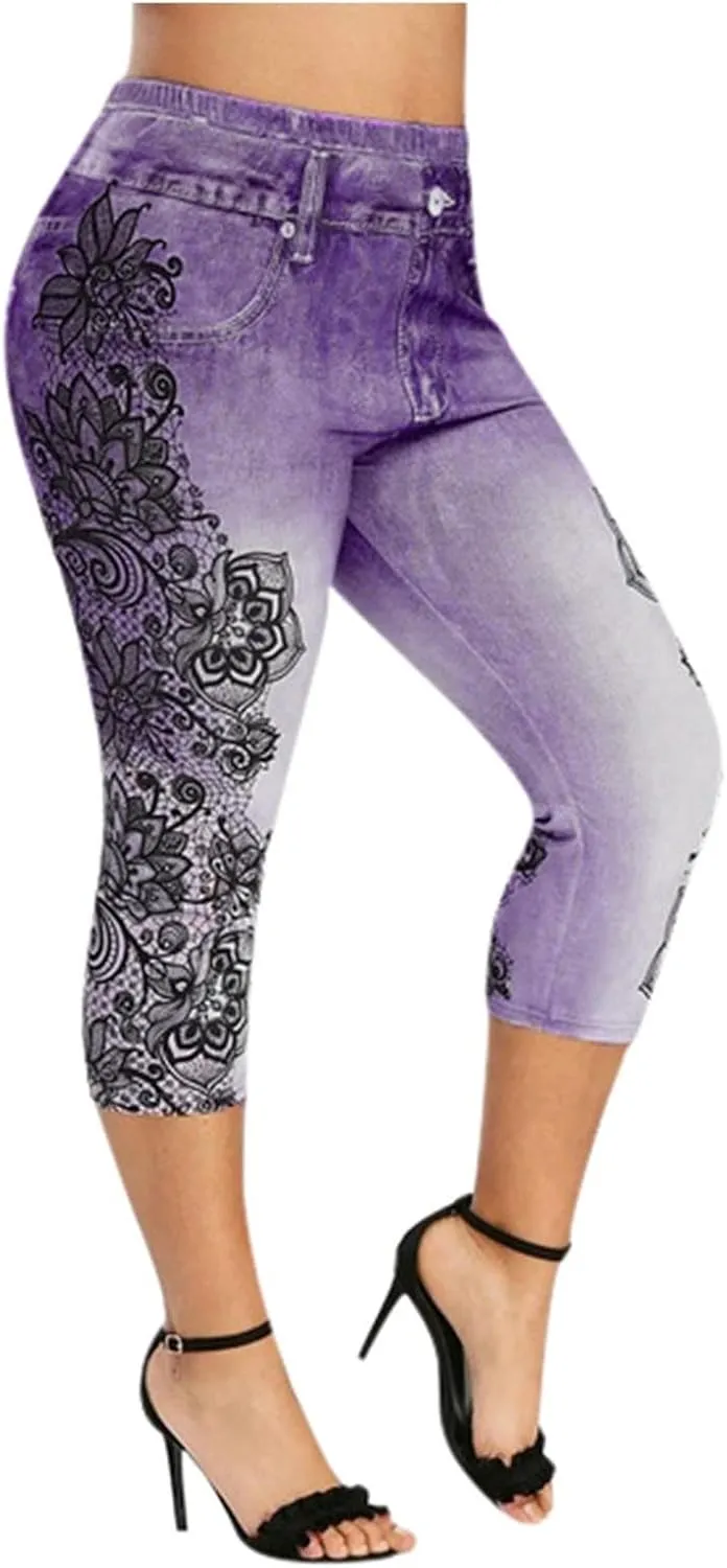 Faux Denim Leggings for Women Plus Size High Waisted Yoga Pants Capri Jeggings Short Tights Stretch Denim Jeans