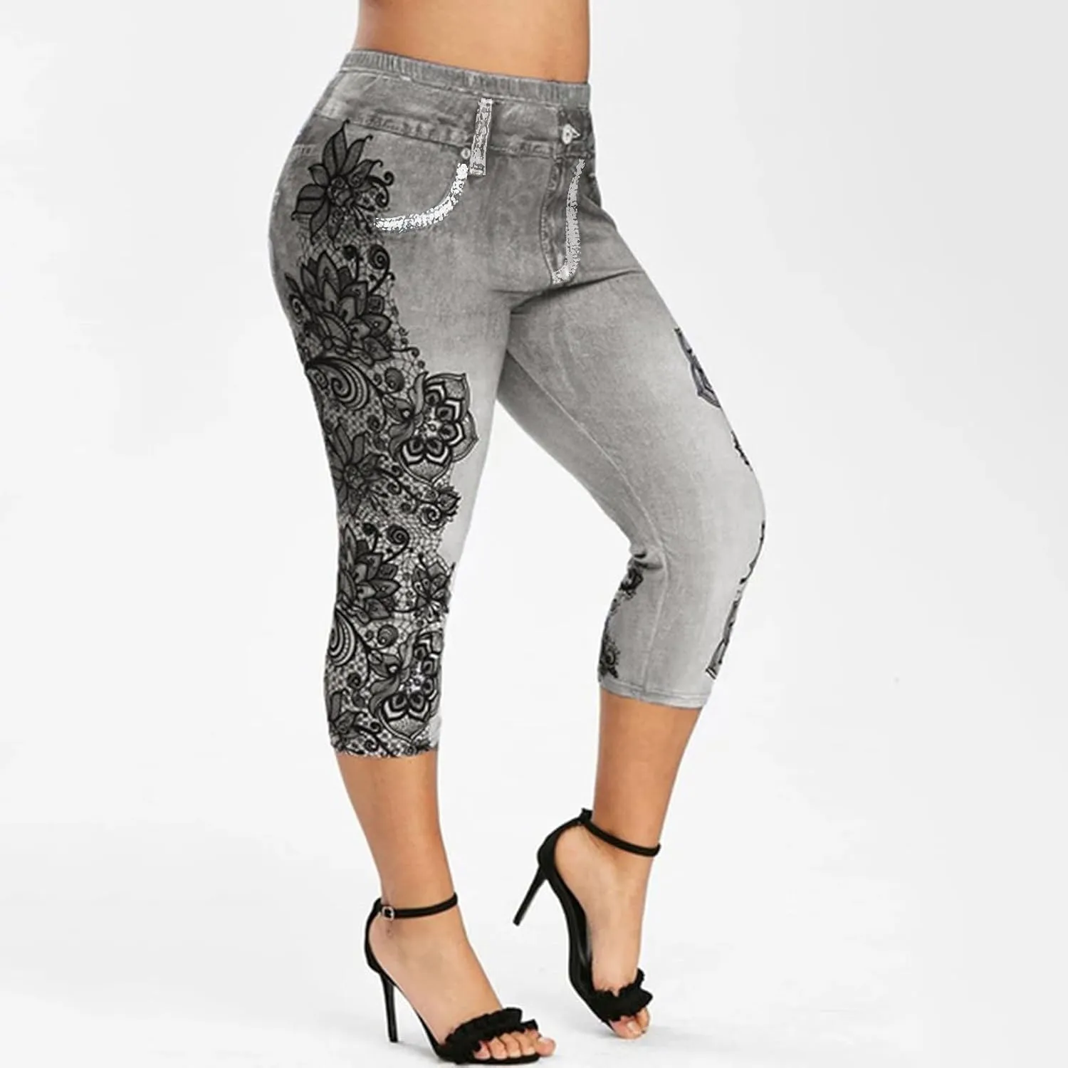 Faux Denim Leggings for Women Plus Size High Waisted Yoga Pants Capri Jeggings Short Tights Stretch Denim Jeans