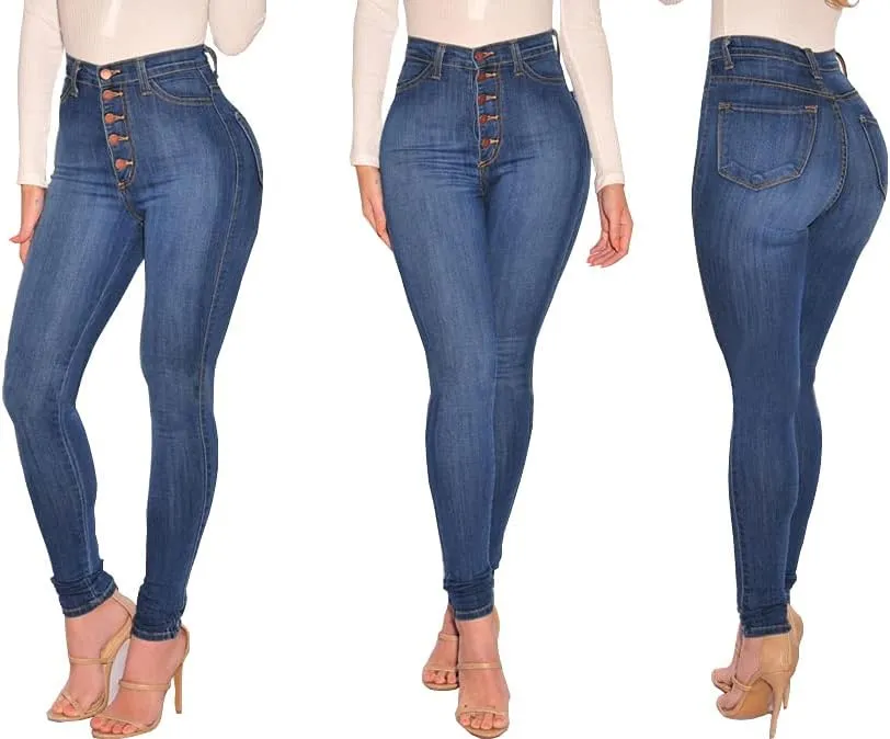 FISCLOSIN Womens High Waist Stretch Jeans 5 Button Push Up Butt Lifting Skinny Colombian Jeans