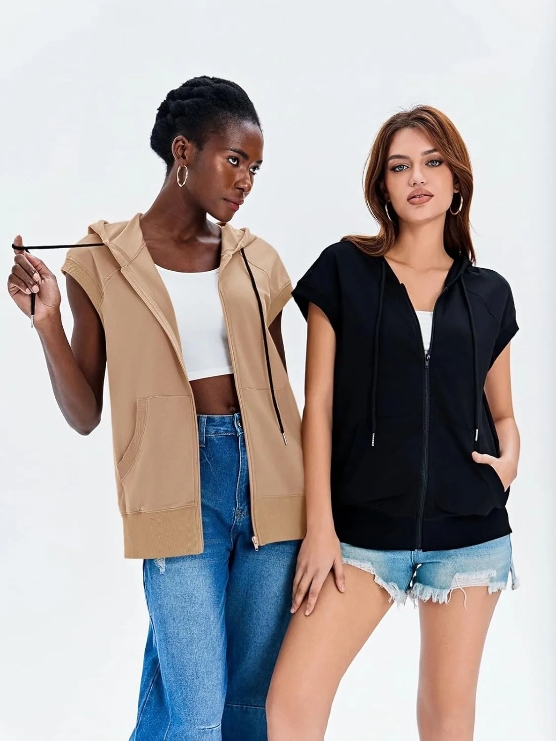 Fisoew Women's Sleeveless Zip Up Hoodies Casual Loose Fit Drawstring Sweatshirts Lightweight Jackets Vest with Pockets