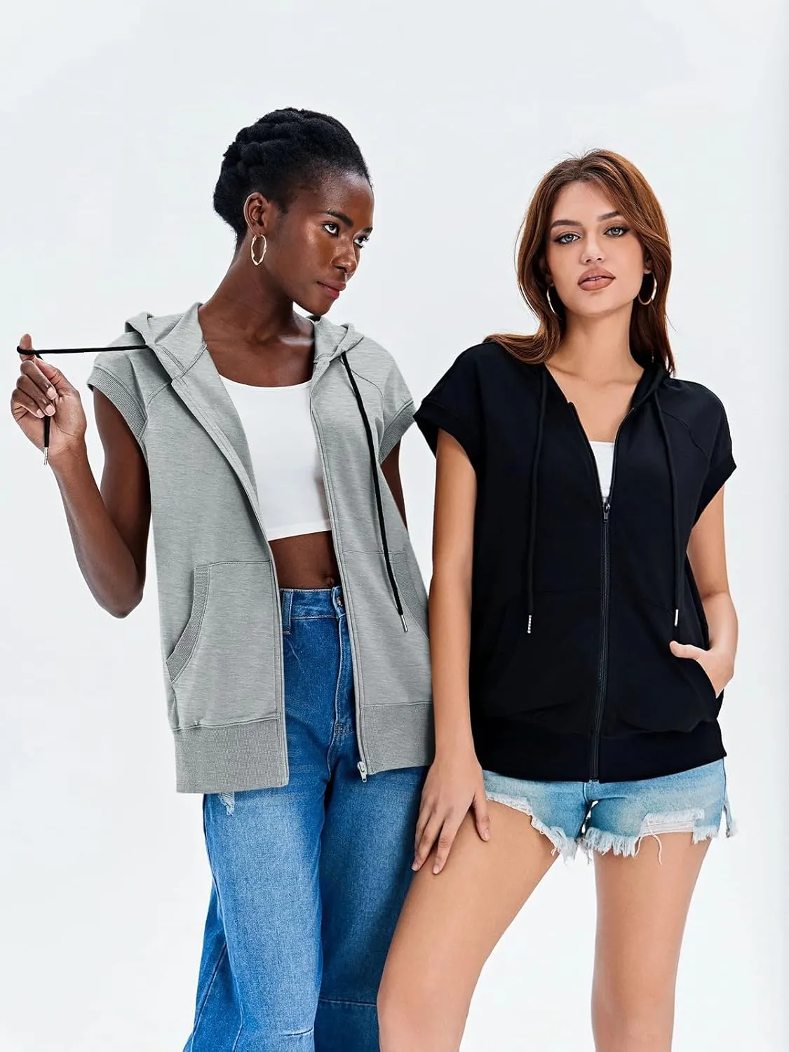 Fisoew Women's Sleeveless Zip Up Hoodies Casual Loose Fit Drawstring Sweatshirts Lightweight Jackets Vest with Pockets