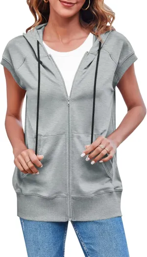 Fisoew Women's Sleeveless Zip Up Hoodies Casual Loose Fit Drawstring Sweatshirts Lightweight Jackets Vest with Pockets