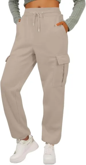 Fleece Cargo Joggers for Women Baggy Elastic High Waisted Sweatpants Casual Lounge Jogger Pull on Ankle Athletic Pants