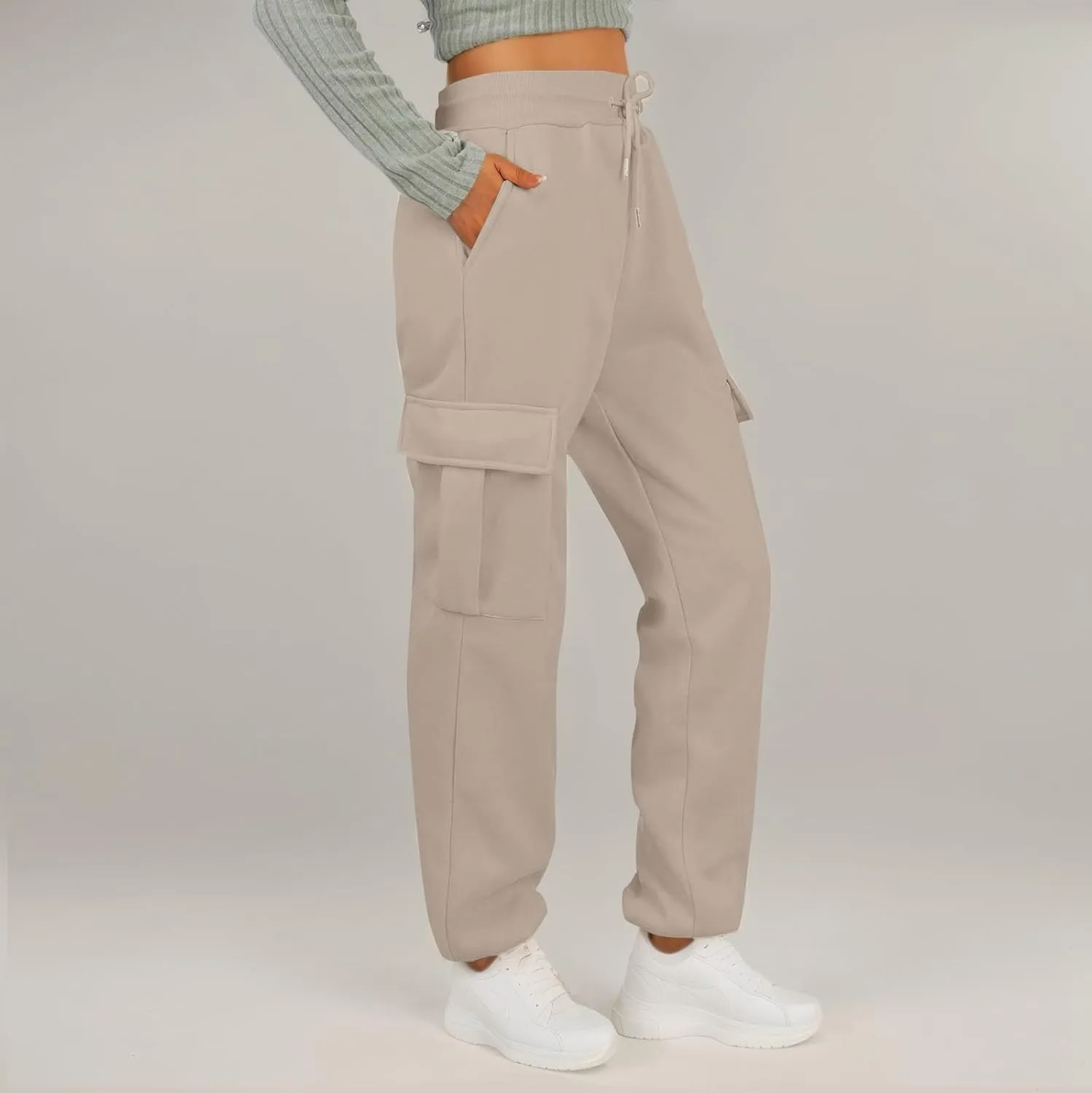 Fleece Cargo Joggers for Women Baggy Elastic High Waisted Sweatpants Casual Lounge Jogger Pull on Ankle Athletic Pants
