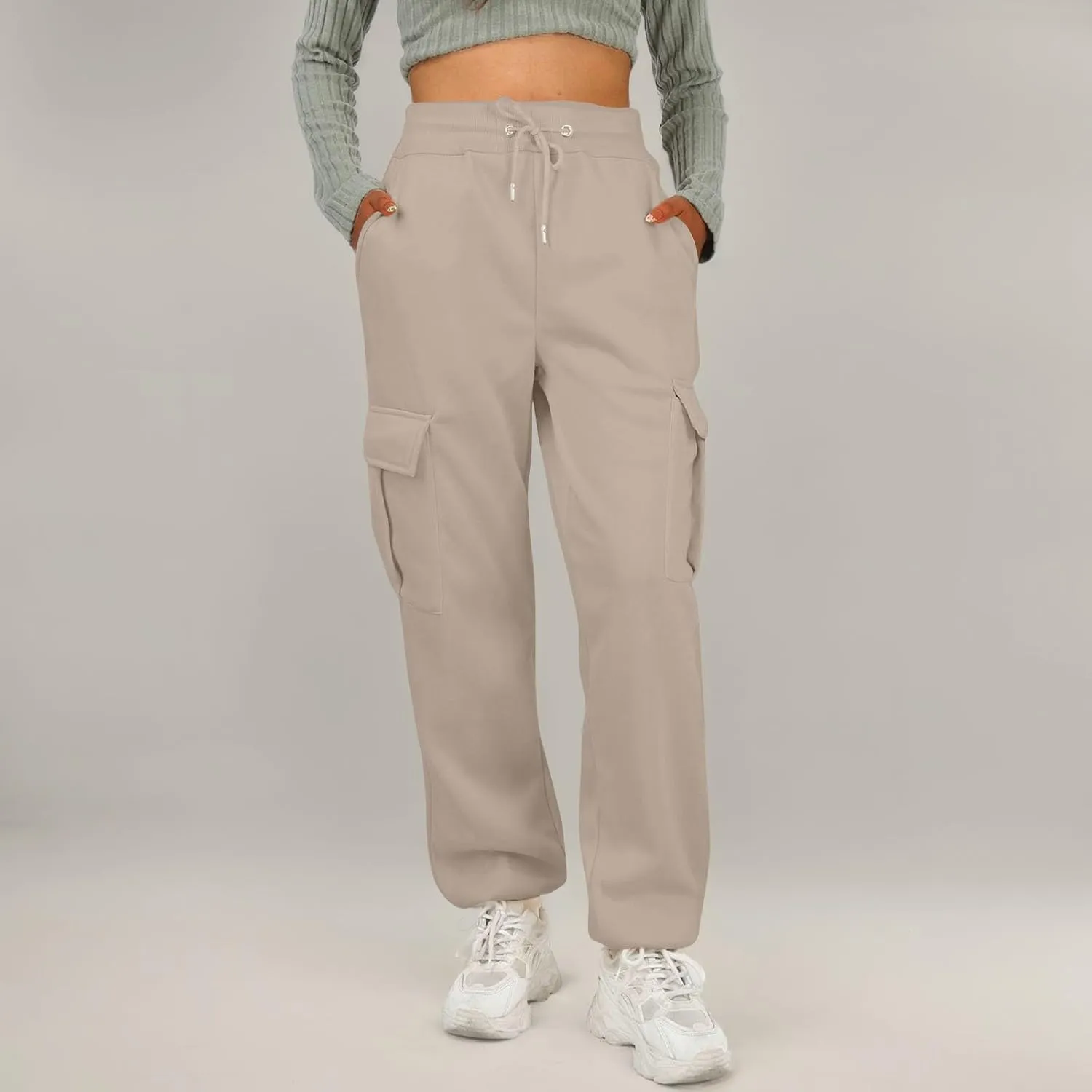 Fleece Cargo Joggers for Women Baggy Elastic High Waisted Sweatpants Casual Lounge Jogger Pull on Ankle Athletic Pants