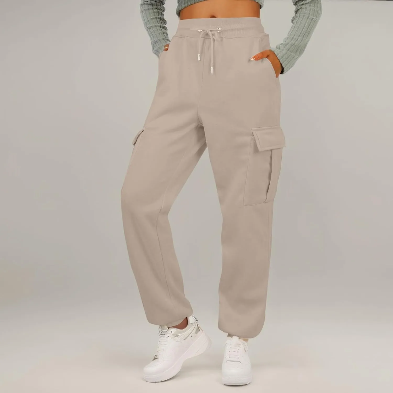 Fleece Cargo Joggers for Women Baggy Elastic High Waisted Sweatpants Casual Lounge Jogger Pull on Ankle Athletic Pants