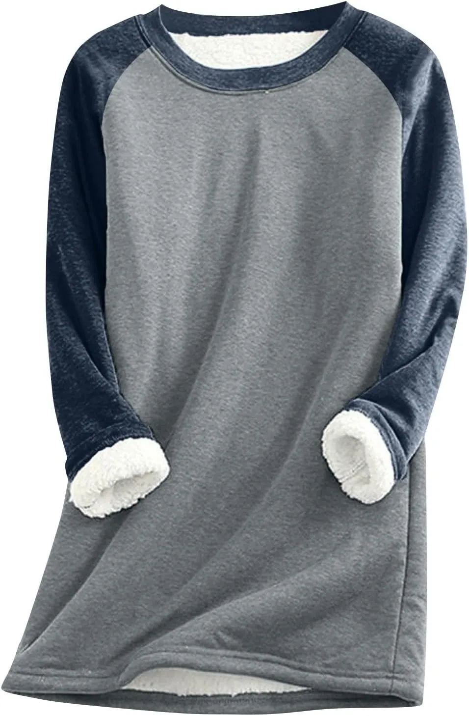 Fleece Sweatshirts for Women Sherpa Lined Casual Loose Colorblock Tee Pullover Solid Color Thermal Cute Loungewear