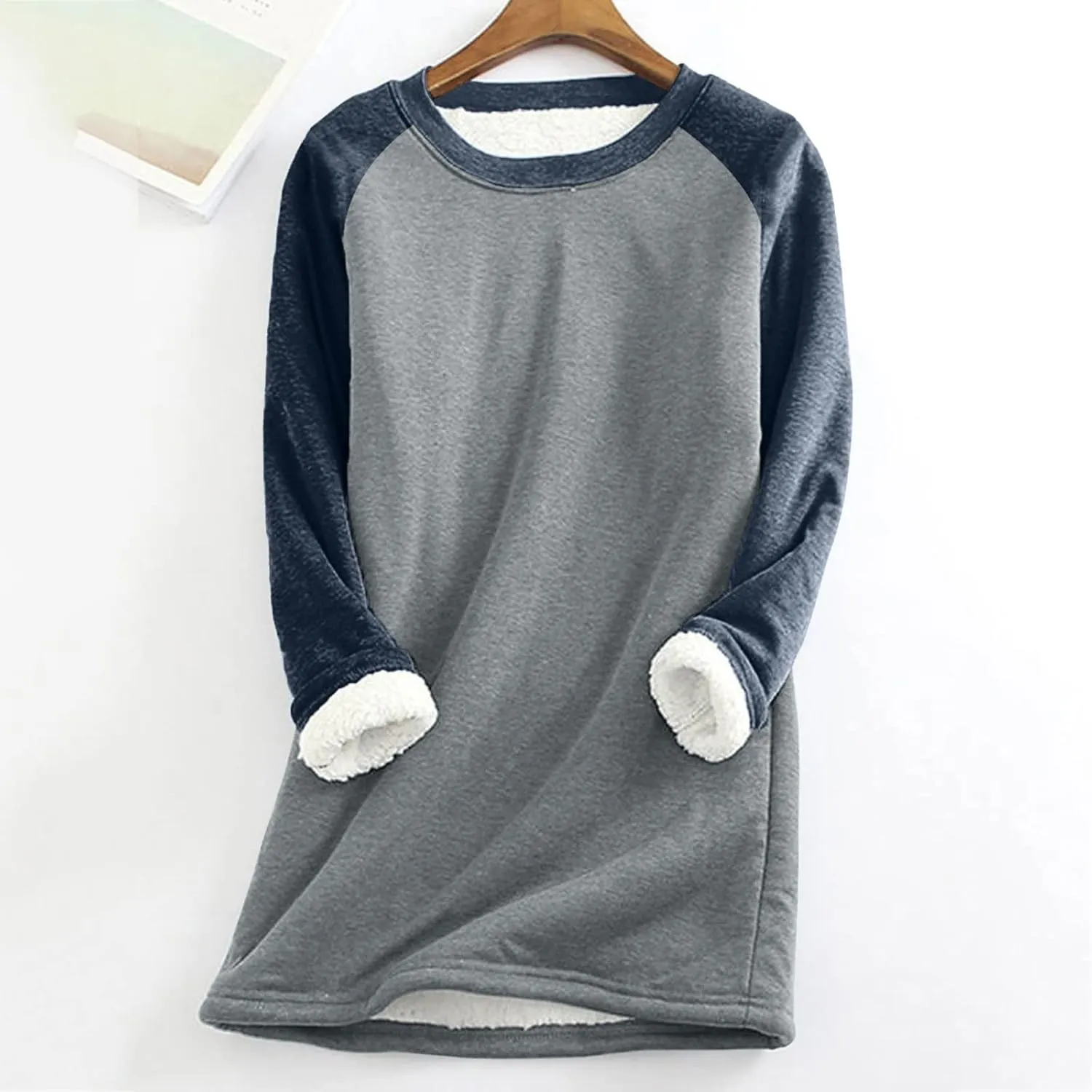 Fleece Sweatshirts for Women Sherpa Lined Casual Loose Colorblock Tee Pullover Solid Color Thermal Cute Loungewear