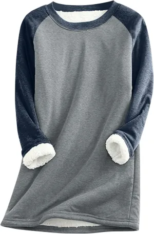 Fleece Sweatshirts for Women Sherpa Lined Casual Loose Colorblock Tee Pullover Solid Color Thermal Cute Loungewear