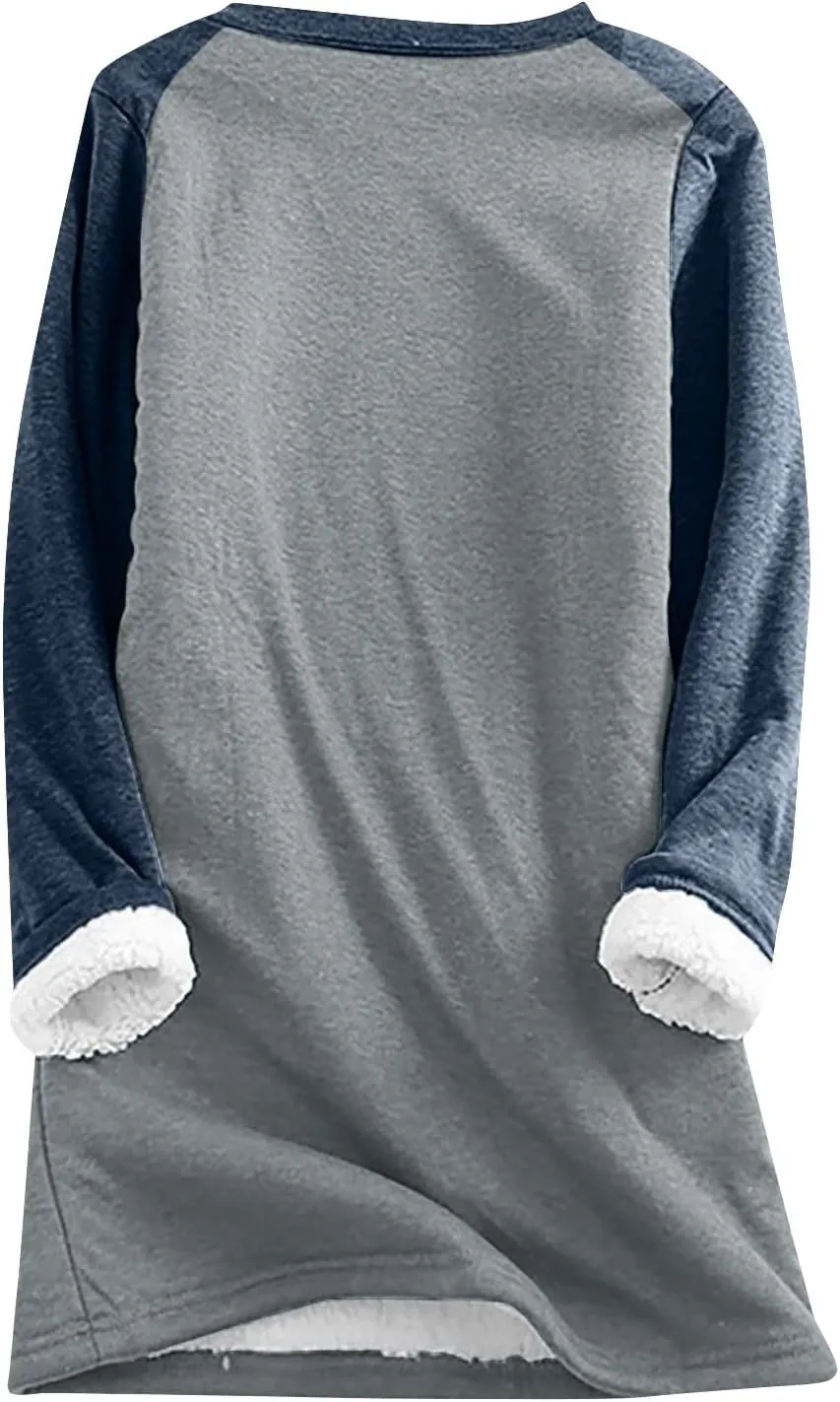 Fleece Sweatshirts for Women Sherpa Lined Casual Loose Colorblock Tee Pullover Solid Color Thermal Cute Loungewear