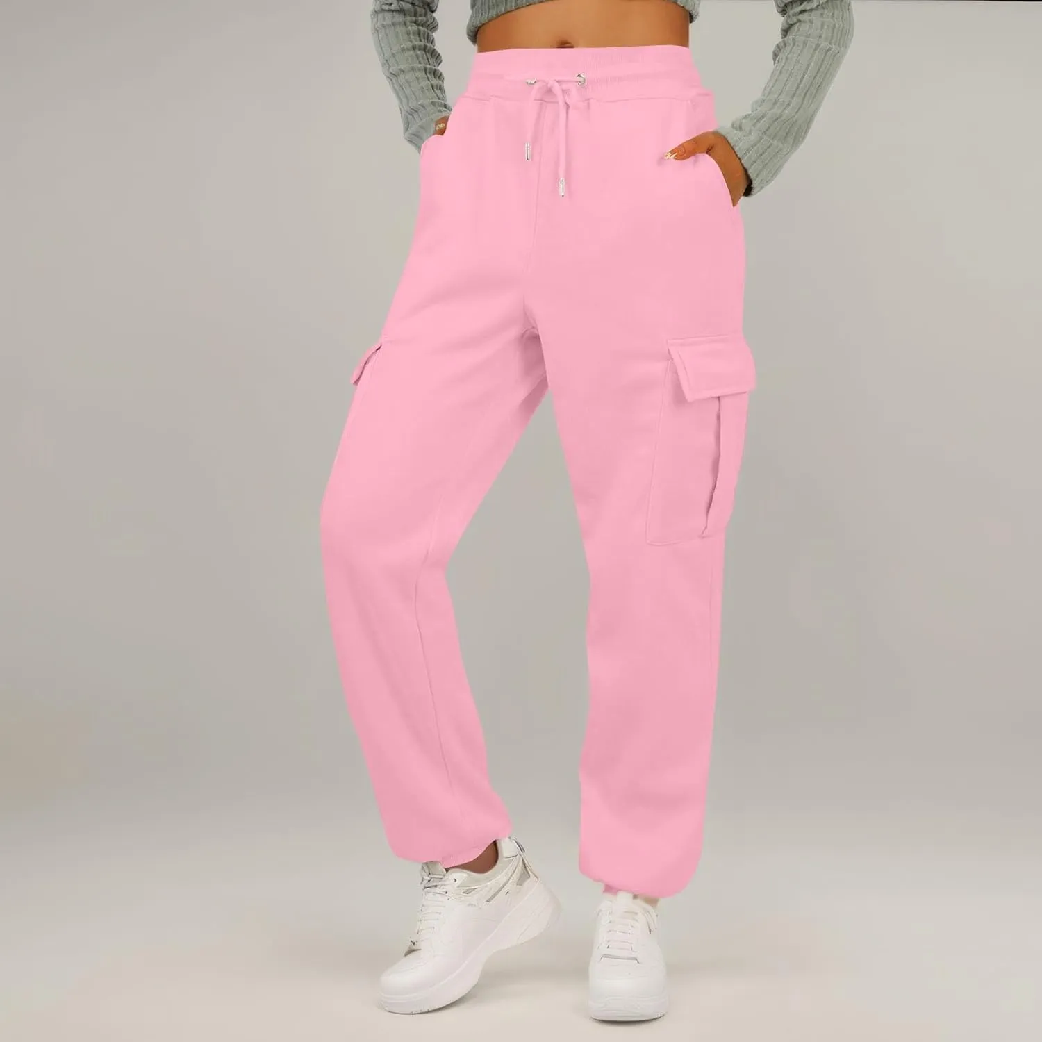 Fleece Womens Joggers with Pockets Baggy Elastic High Waisted Cargo Sweatpants Casual Lounge Ankle Jogger Pants