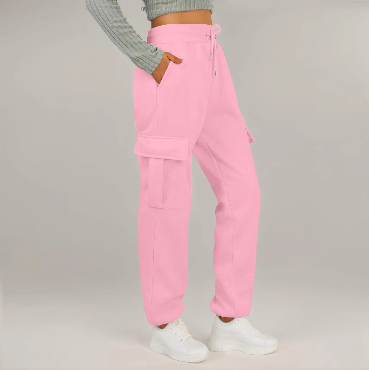 Fleece Womens Joggers with Pockets Baggy Elastic High Waisted Cargo Sweatpants Casual Lounge Ankle Jogger Pants