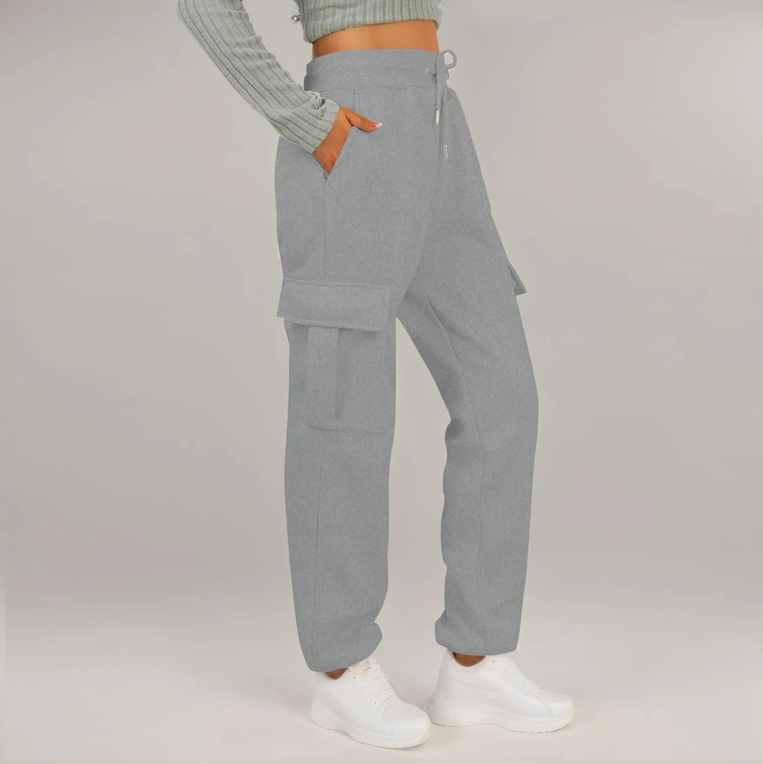 Fleece Womens Joggers with Pockets Baggy Elastic High Waisted Cargo Sweatpants Casual Lounge Ankle Jogger Pants