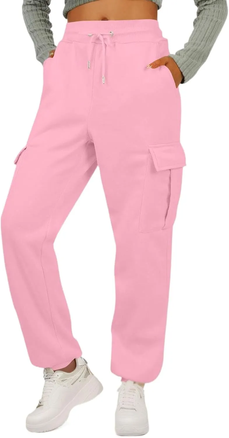 Fleece Womens Joggers with Pockets Baggy Elastic High Waisted Cargo Sweatpants Casual Lounge Ankle Jogger Pants