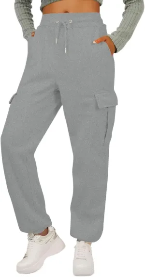 Fleece Womens Joggers with Pockets Baggy Elastic High Waisted Cargo Sweatpants Casual Lounge Ankle Jogger Pants