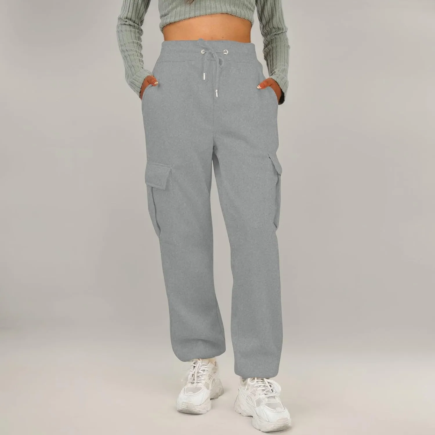 Fleece Womens Joggers with Pockets Baggy Elastic High Waisted Cargo Sweatpants Casual Lounge Ankle Jogger Pants