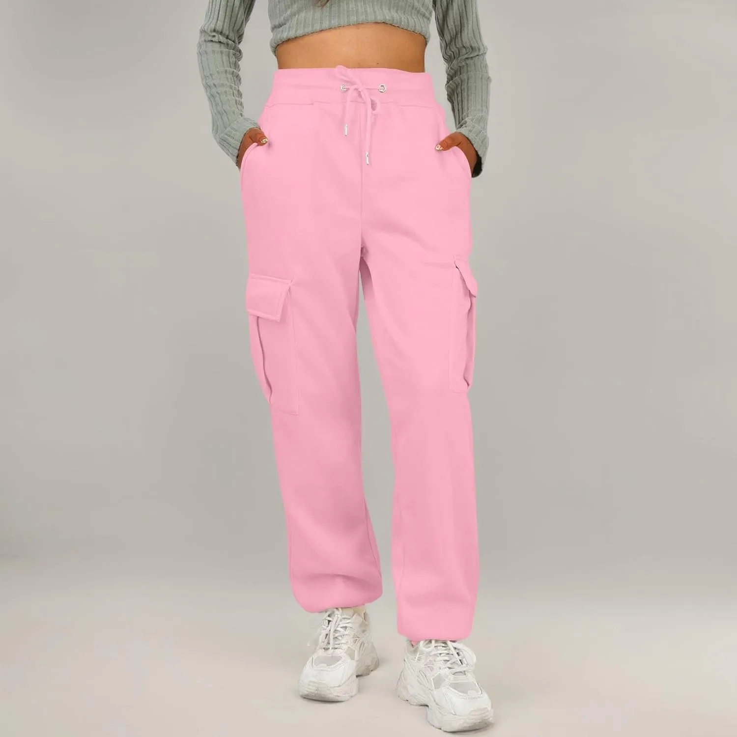 Fleece Womens Joggers with Pockets Baggy Elastic High Waisted Cargo Sweatpants Casual Lounge Ankle Jogger Pants