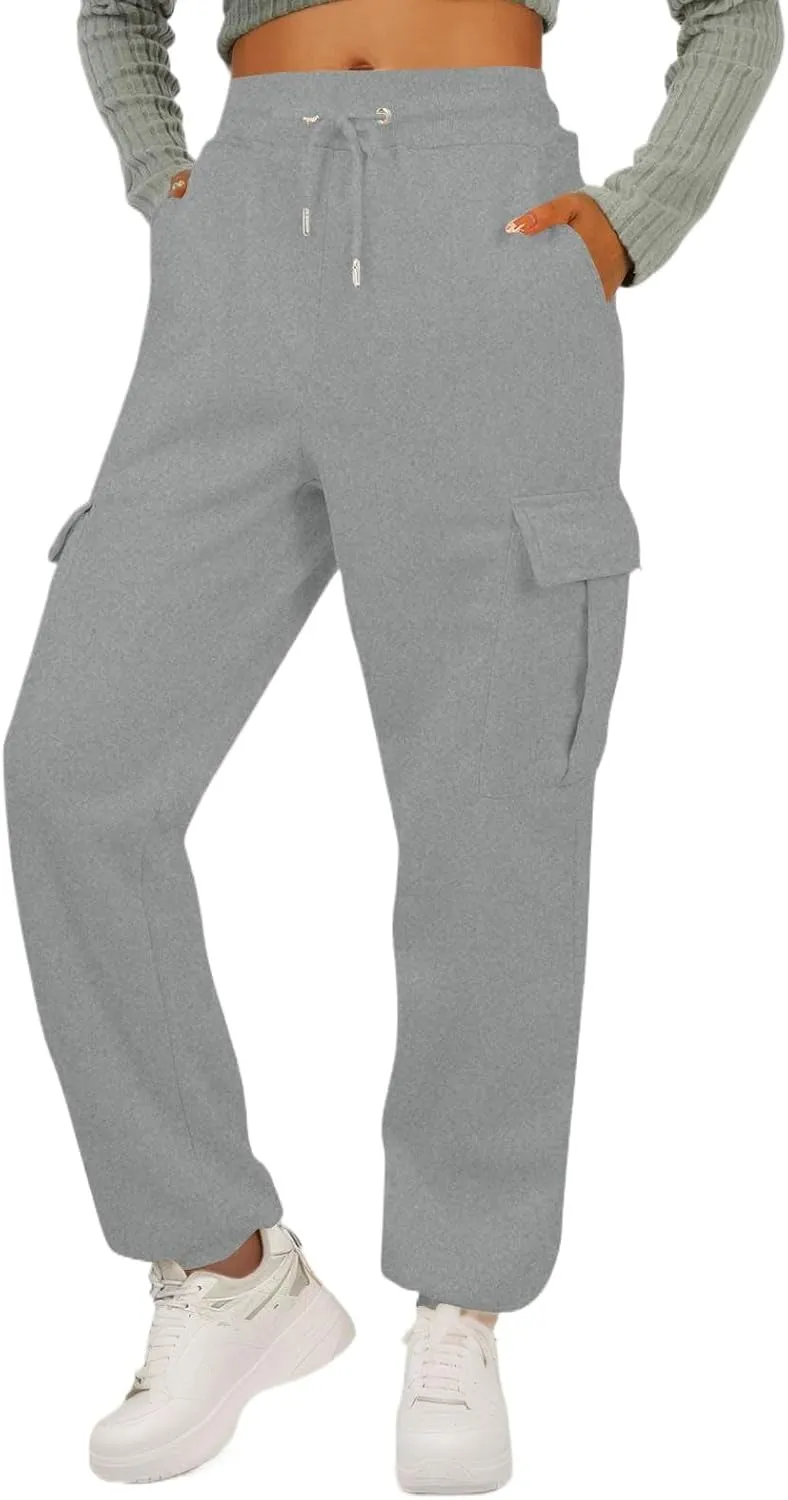 Fleece Womens Joggers with Pockets Baggy Elastic High Waisted Cargo Sweatpants Casual Lounge Ankle Jogger Pants