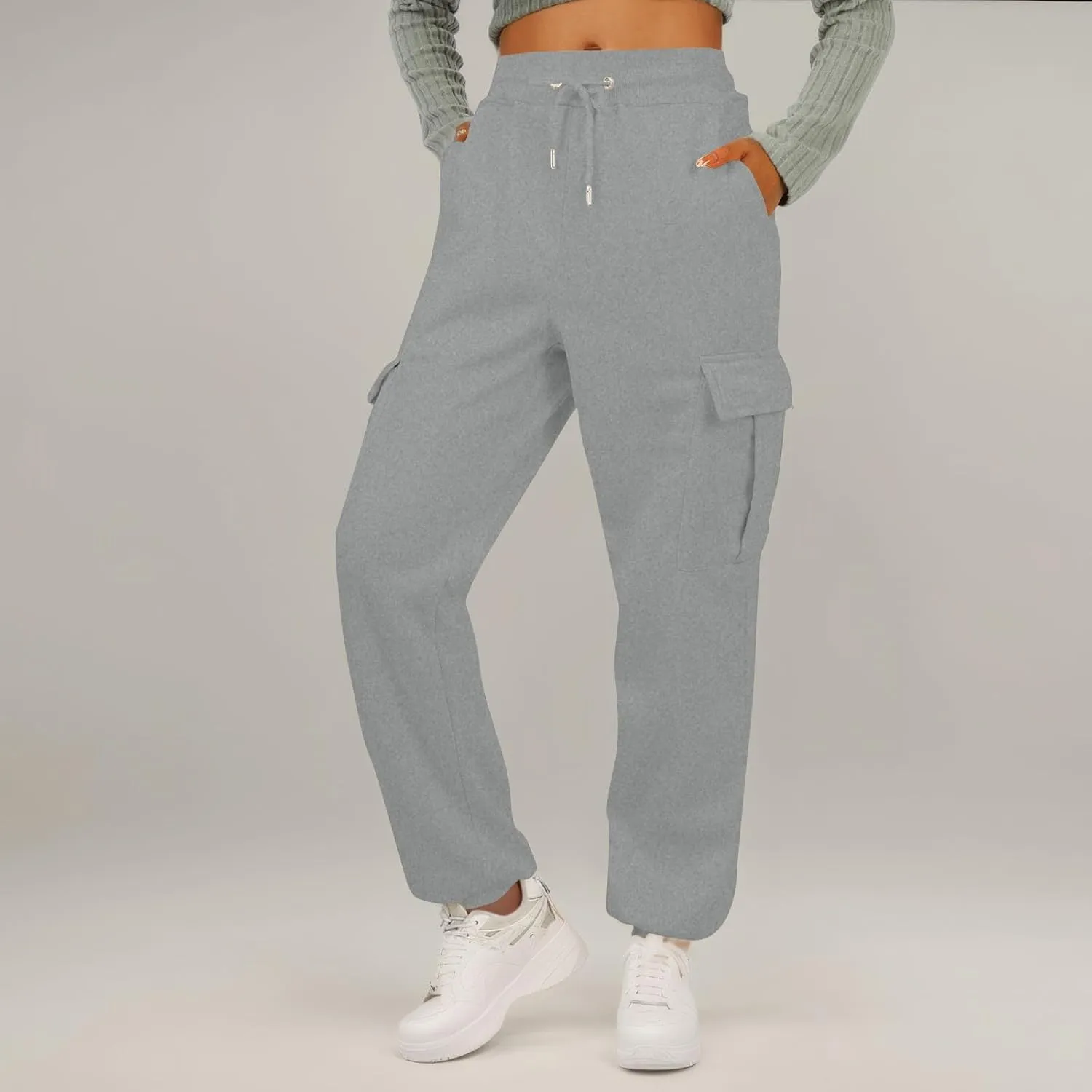 Fleece Womens Joggers with Pockets Baggy Elastic High Waisted Cargo Sweatpants Casual Lounge Ankle Jogger Pants