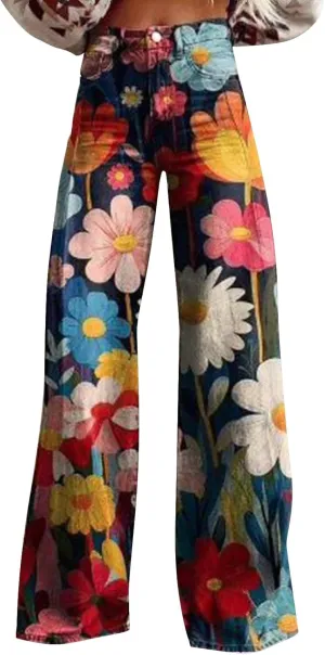 Floral Jeans for Women Wide Leg Flare Jeans for Women with Pocket Baggy Pants Vintage Floral Print High Waisted Pant