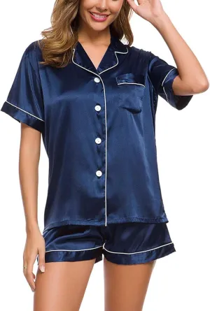 Fluffy Pajamas Set for Women Womens Set Two- Button-Down Loungewear Silk Satin Sets Pajamas Sleepwear Ladies