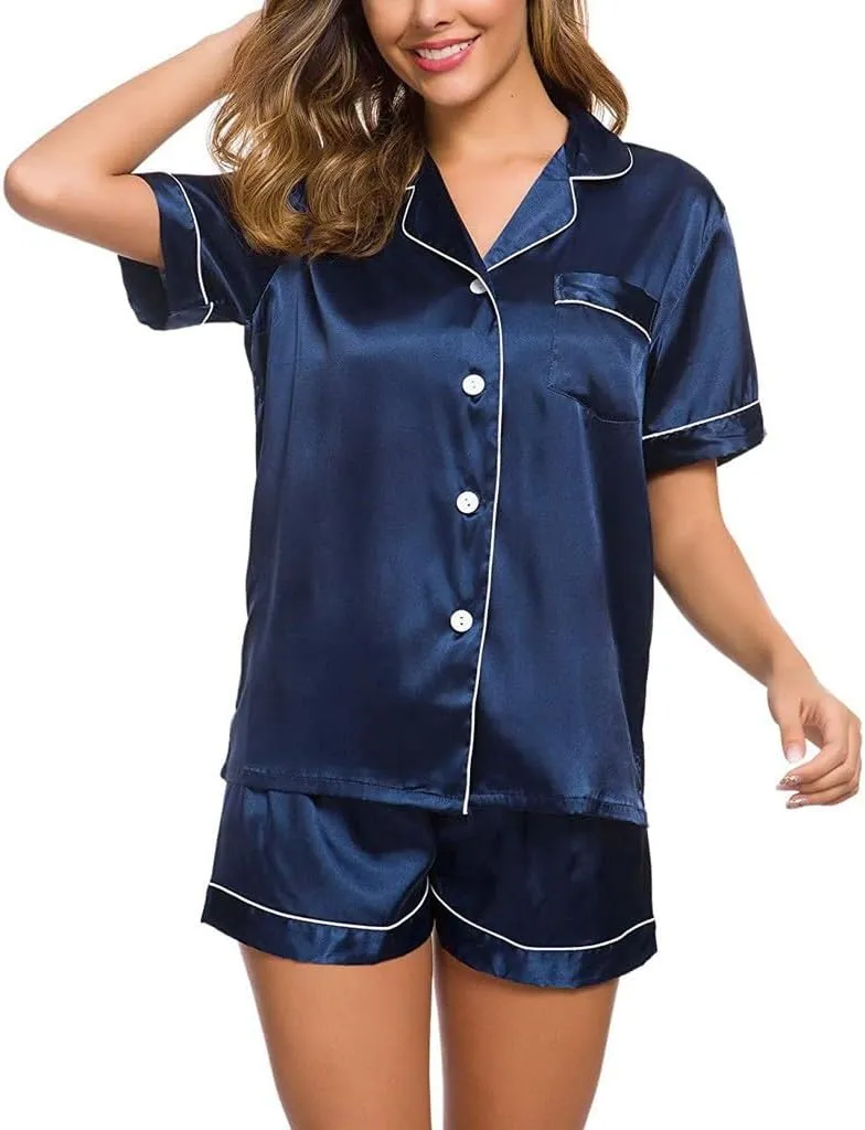 Fluffy Pajamas Set for Women Womens Set Two- Button-Down Loungewear Silk Satin Sets Pajamas Sleepwear Ladies