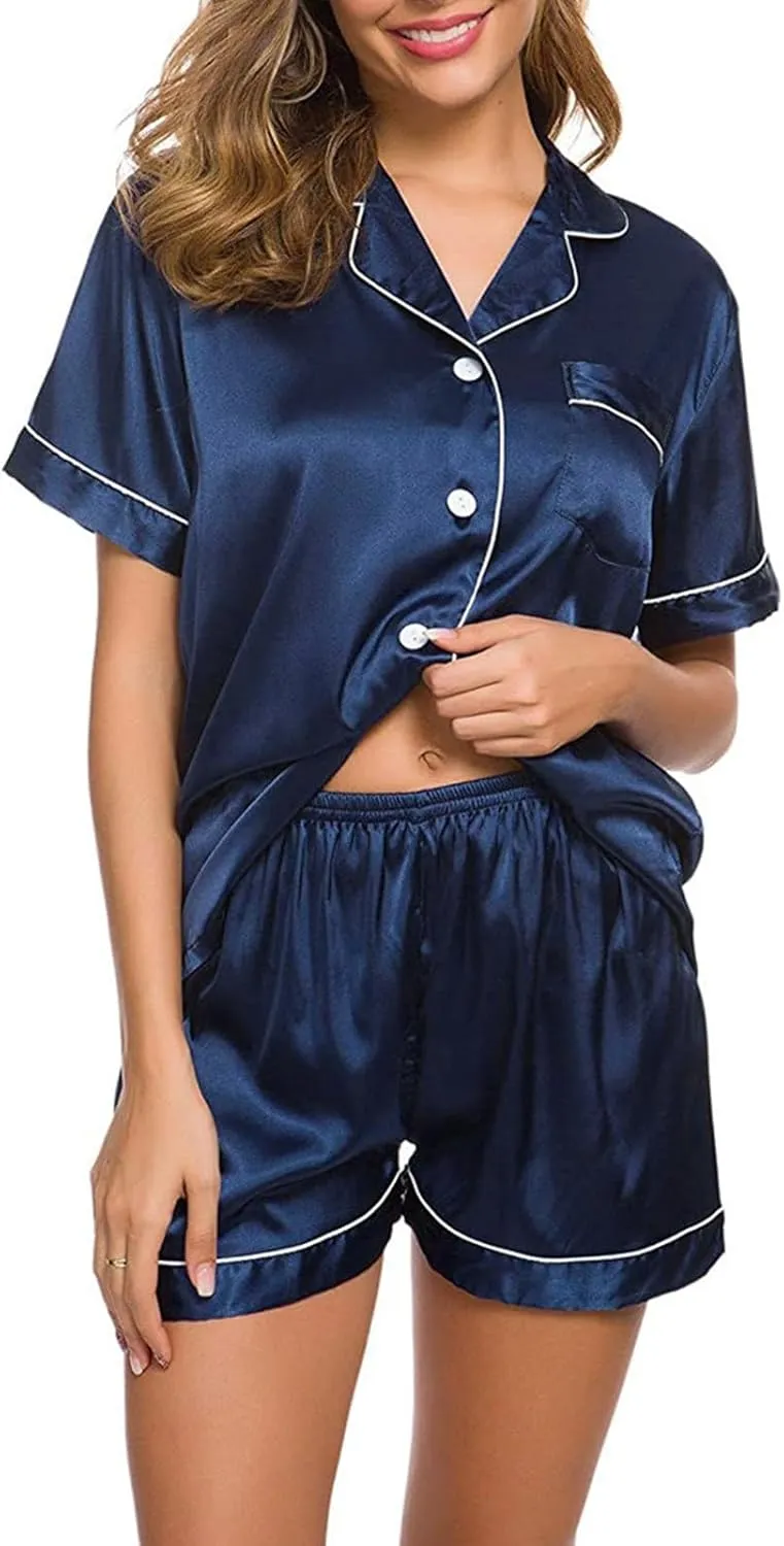Fluffy Pajamas Set for Women Womens Set Two- Button-Down Loungewear Silk Satin Sets Pajamas Sleepwear Ladies