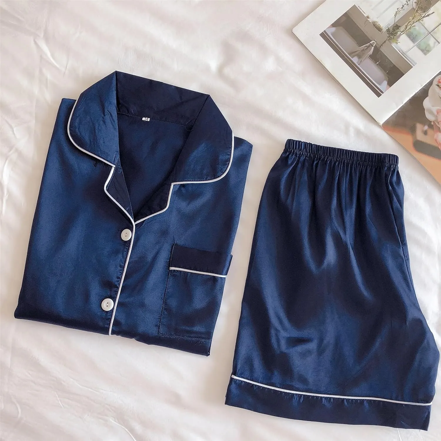 Fluffy Pajamas Set for Women Womens Set Two- Button-Down Loungewear Silk Satin Sets Pajamas Sleepwear Ladies