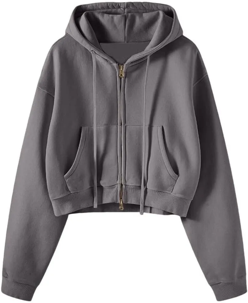 FMCHICO Women's Cropped Zip Up Hoodie Casual Long Sleeve Workout Hooded Sweatshirt Coat