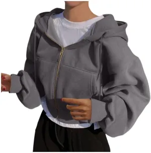 FMCHICO Women's Cropped Zip Up Hoodie Casual Long Sleeve Workout Hooded Sweatshirt Coat