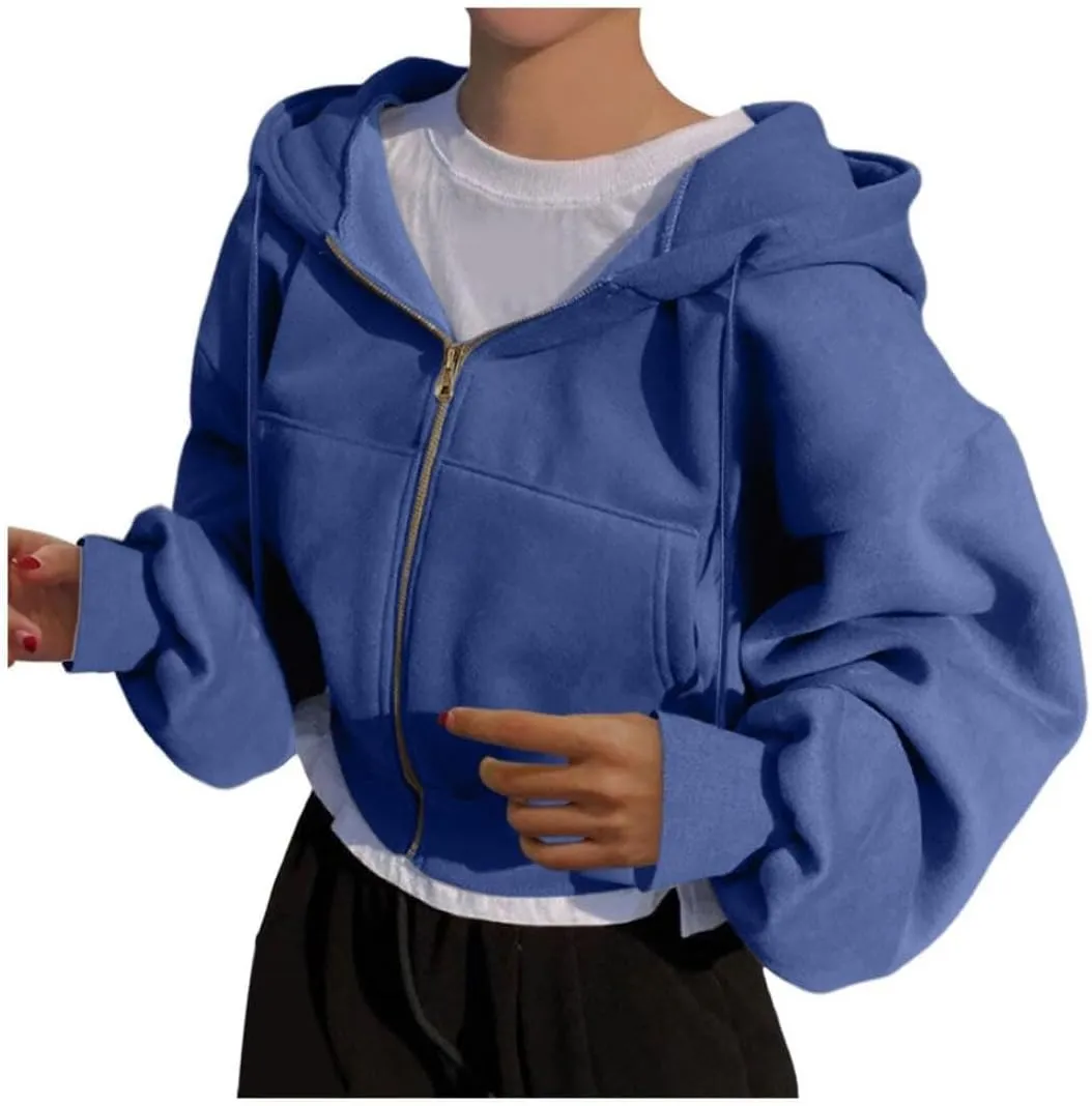 FMCHICO Women's Cropped Zip Up Hoodie Casual Long Sleeve Workout Hooded Sweatshirt Coat
