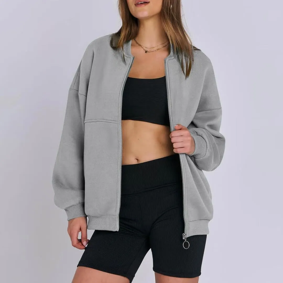 FMCHICO Women's Oversized Full Zip Up Sweatshirts Jacket 2024 Fall Fleece Long Sleeve Hoodies Outfit