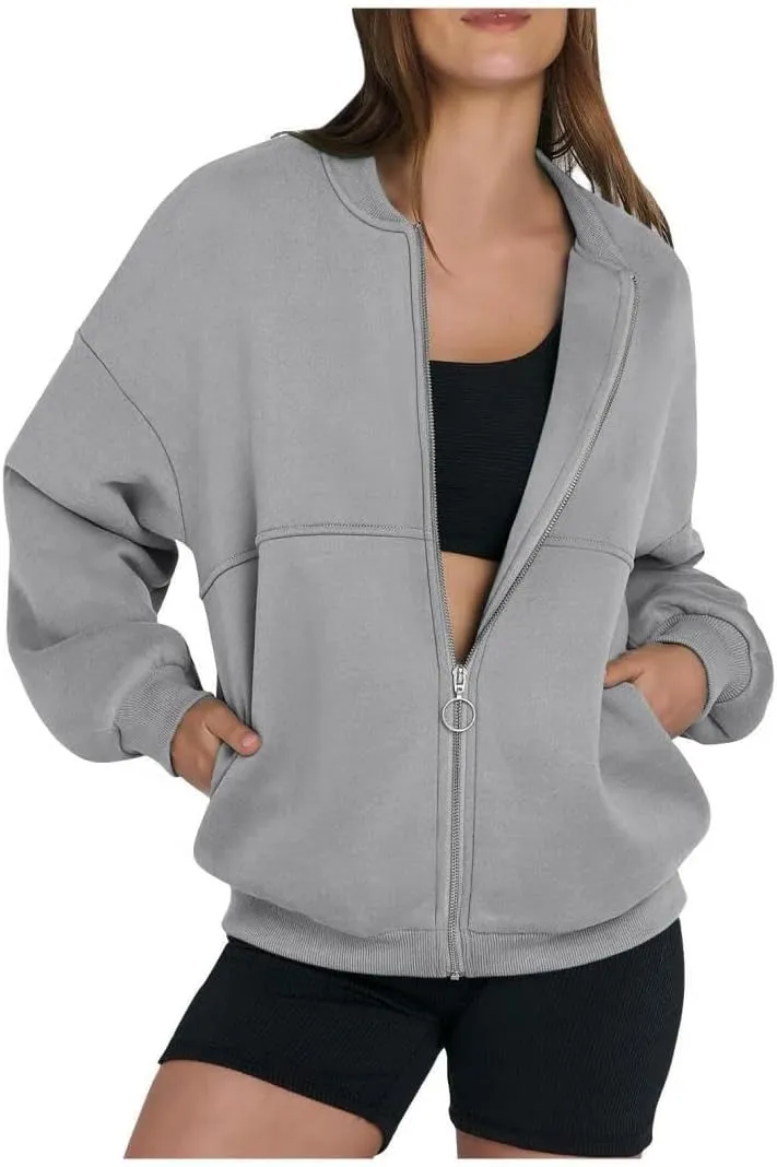 FMCHICO Women's Oversized Full Zip Up Sweatshirts Jacket 2024 Fall Fleece Long Sleeve Hoodies Outfit