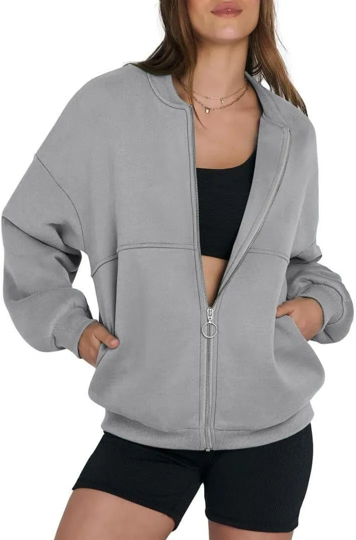FMCHICO Women's Oversized Full Zip Up Sweatshirts Jacket 2024 Fall Fleece Long Sleeve Hoodies Outfit