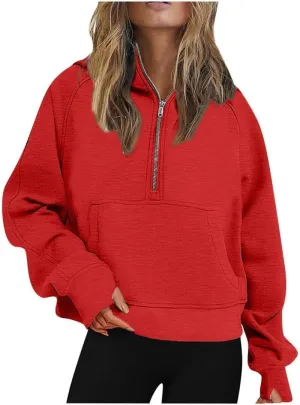 FMCHICO Womens Sweatshirts Half Zip Cropped Pullover Fleece Quarter Zipper Hoodies Fall outfits Clothes Thumb Hole
