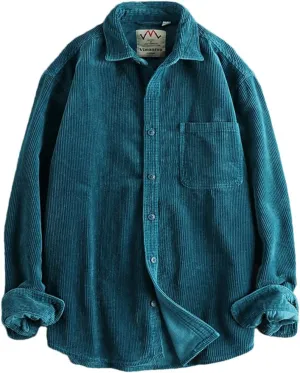 Fnfmrfmr Men's Cotton Corduroy Wash Long Sleeve Shirt Solid V-Neck Single Pocket Shirt Coat