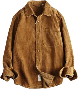 Fnfmrfmr Men's Cotton Corduroy Wash Long Sleeve Shirt Solid V-Neck Single Pocket Shirt Coat