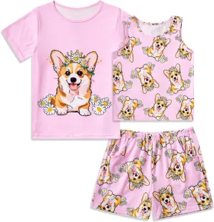 Funnycokid Girls Pajamas 3 Pieces Tie Dye Shirts&Tank Shorts Pjs Cute Summer Loungewear Nightwear Set Size 7-14