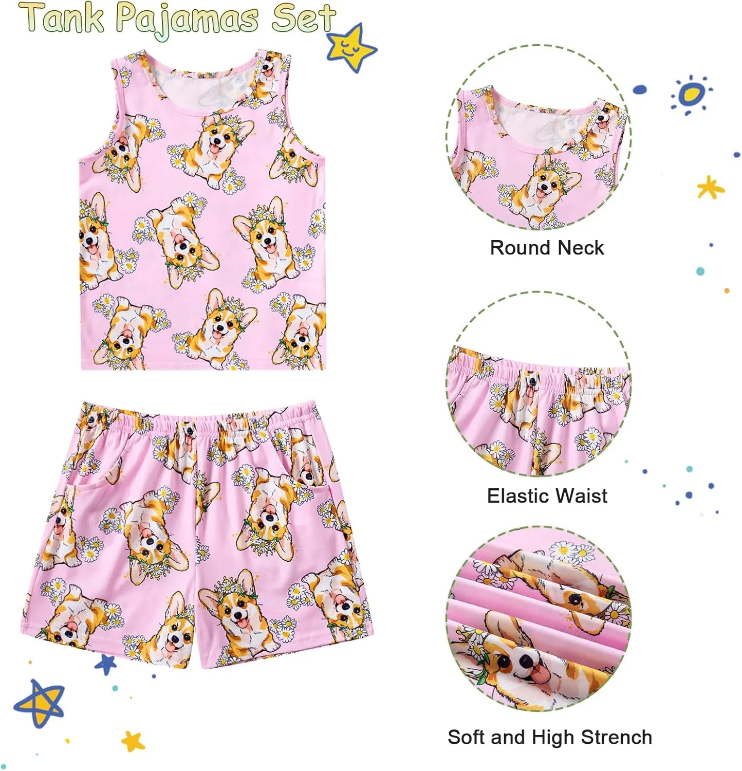 Funnycokid Girls Pajamas 3 Pieces Tie Dye Shirts&Tank Shorts Pjs Cute Summer Loungewear Nightwear Set Size 7-14