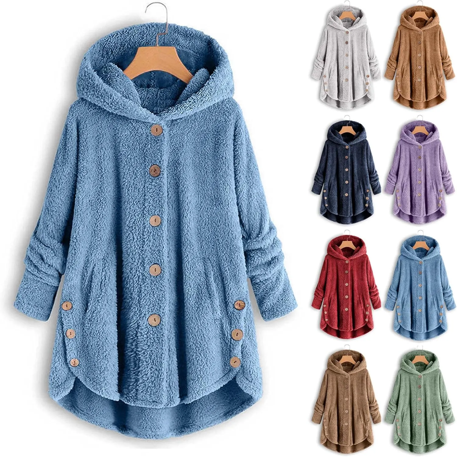 Fuzzy Fleece Hooded Button Down Jacket For Women Oversized Warm Winter Sherpa Cardigan Coat Loungewear