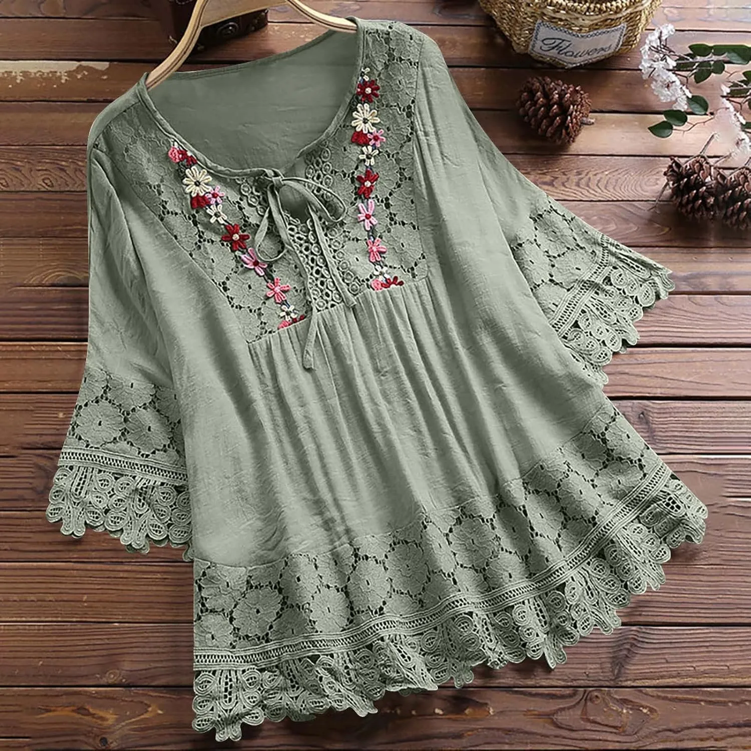 Gauze Linen Shirts for Women Summer Lace Boho Tops 3/4 Length Sleeve Beach Top Blouse Sexy V Neck Embroidered Tshirts