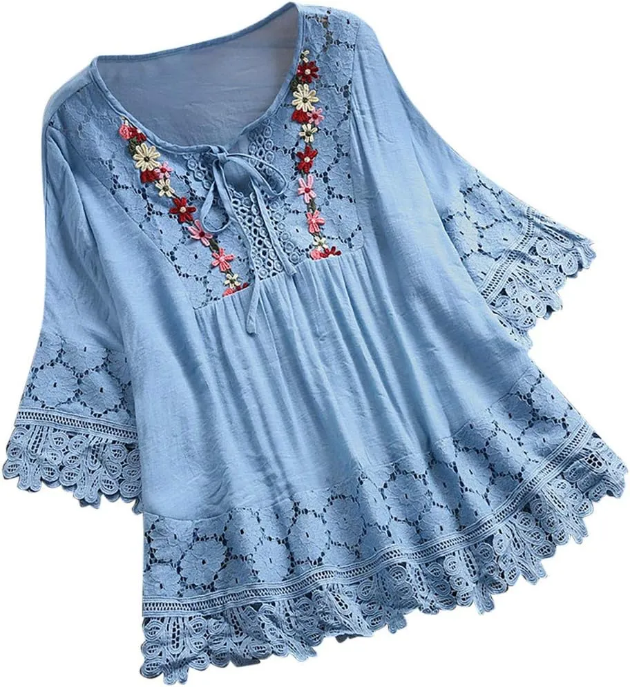 Gauze Linen Shirts for Women Summer Lace Boho Tops 3/4 Length Sleeve Beach Top Blouse Sexy V Neck Embroidered Tshirts